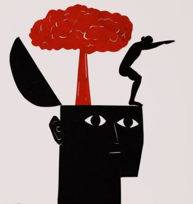 drawing of top of head open with brain expanding and person diving off the head representing choice to do it differently