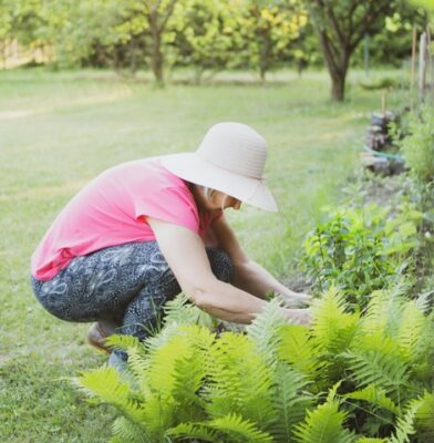 woman crouching by her garden weeding