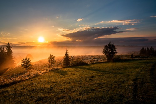 brilliant sunset from the top of a green hill bathed in golden light