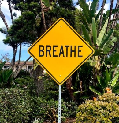 yellow road sign that reads breathe with green trees background