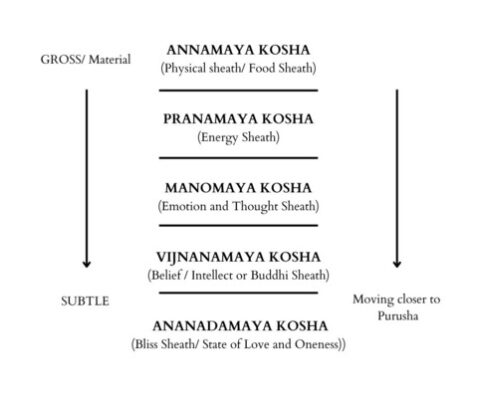 image of the pancha koshas in descending order more gross to subtle and moving towards true nature