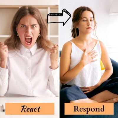 left photo woman screaming in anger reaction right photo woman pausing to calm herself to respond