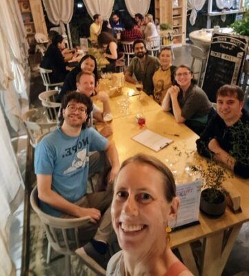 author in a selfie with friends at a restaurant to encourage bringing in the pancha koshas into daily life