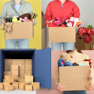 collage of people holding onto boxes of stuff just like the boxes of tools we keep accumulating to find a calm mind externally