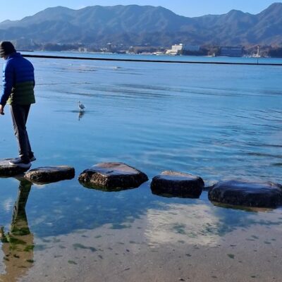 person stepping from one flat rock to another, trusting the path through the water